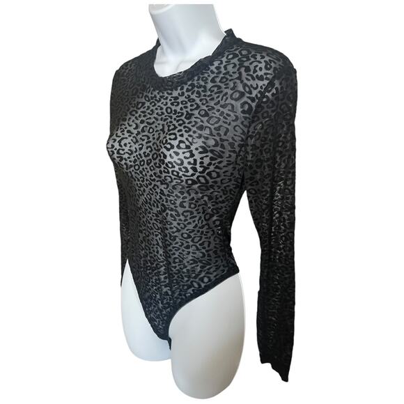 AvidLove black velvet leopard sheer mesh long sleeve thong bodysuit Small NWT - Picture 3 of 5
